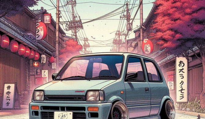 Daihatsu Mira in a Japanese alley with red fern